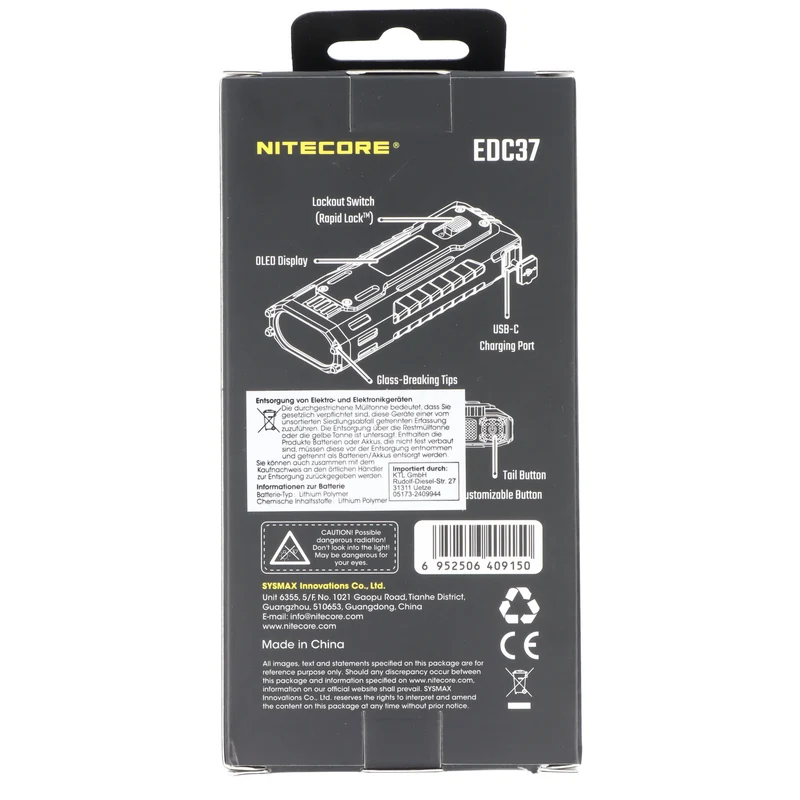 Nitecore EDC37 taktische LED-Taschenlampe, 8000 Lumen, -Stil, Li-Ion Akku 8000mAh, 6952506409150
