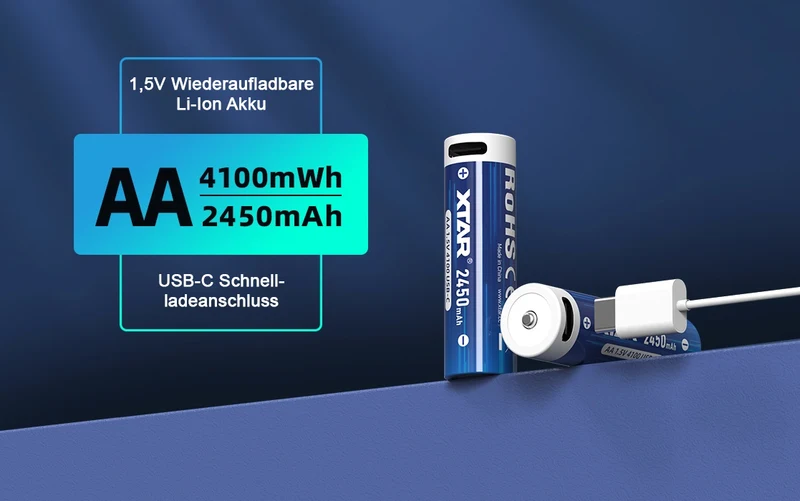 XTAR AA 1,5V Li-Ionen Akku 2450mAh – USB-C – mit Konstante Spannung & Akkuwechselanzeige (4 St. )