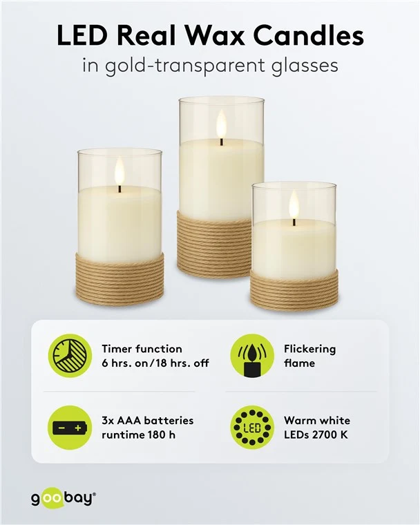 Goobay 3er-Set LED-Echtwachs-Kerzen im Glas, weiß, mit Hanf umwickelt - mit Timerfunktion und 3D-Flammenkegel, batteriebetrieben, warmweiß (2700 K)