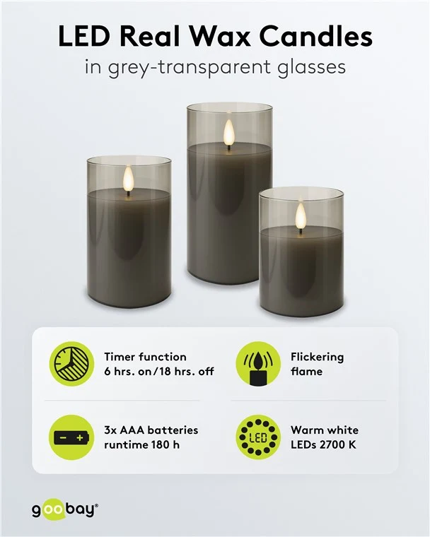 Goobay 3er-Set LED-Echtwachs-Kerzen im Glas mit Timerfunktion und 3D-Flammenkegel, batteriebetrieben, warmweiß (2700 K)