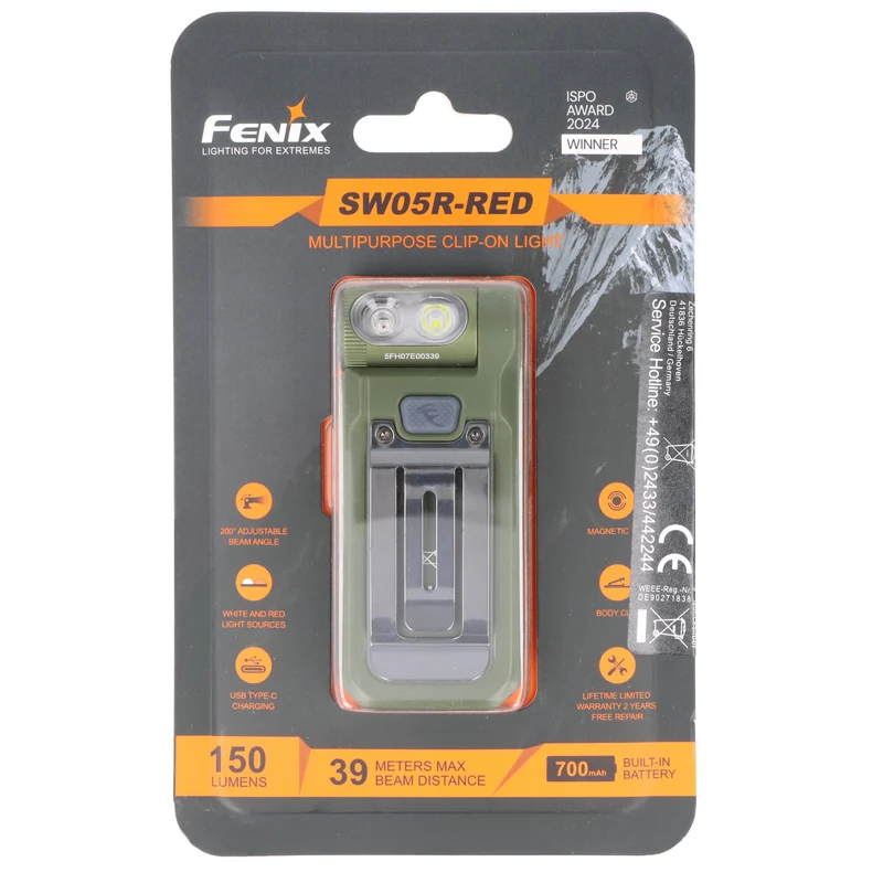 Fenix SW05R-RED LED-Taschenlampe, Grün, mit Rotlicht, Clip und Magnet, 200° verstellbarer Lampenkopf, wiederaufladbar