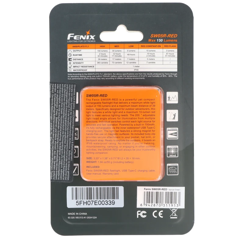 Fenix SW05R-RED LED-Taschenlampe, Grün, mit Rotlicht, Clip und Magnet, 200° verstellbarer Lampenkopf, wiederaufladbar
