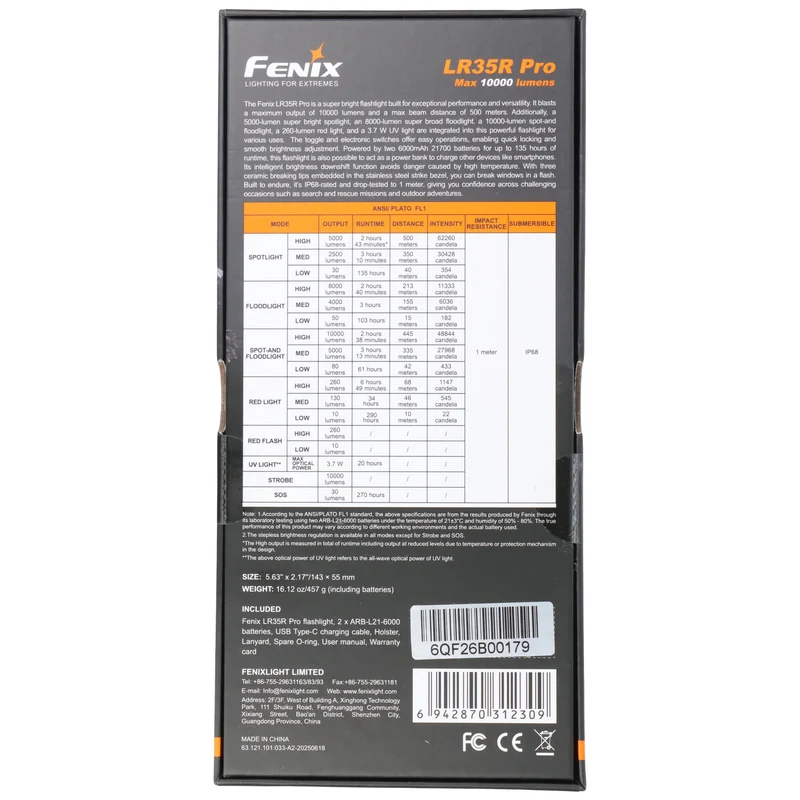 Fenix LR35R Pro LED-Suchscheinwerfer, drei Lichtquellen, 10.000 Lumen, 500 Meter Leuchtweite, inkl. Akkus