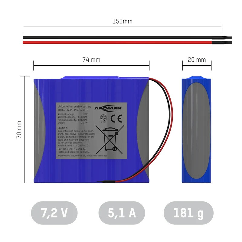 Ansmann Lithium-Ionen Akkupack 7,2 V/5100 mAh/2S2P, ideal für mobile Anwendungen