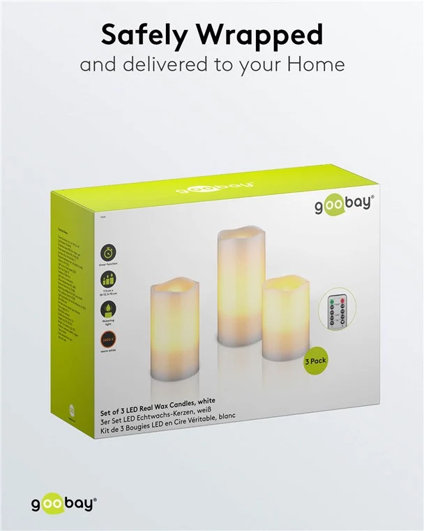 Goobay 3er-Set LED-Echtwachskerzen, weiß - mit Timerfunktion und Fernbedienung, dimmbar, batteriebetrieben