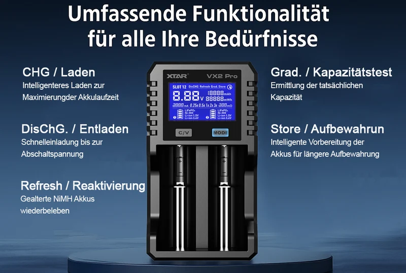 Xtar VX2 Pro – Universelles Analyse Ladegerät für 1,5V; 3,6 - 3,7V Li-Ion; 3,2V LiFePO4 & 1,2V Ni-MH Akkus
