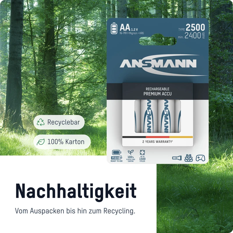 ANSMANN NiMH Akku Mignon AA Typ 2700 (min. 2650 mAh) / 1,2 Volt / 6er Schrumpffolie, ideal für den alltäglichen Gebrauch