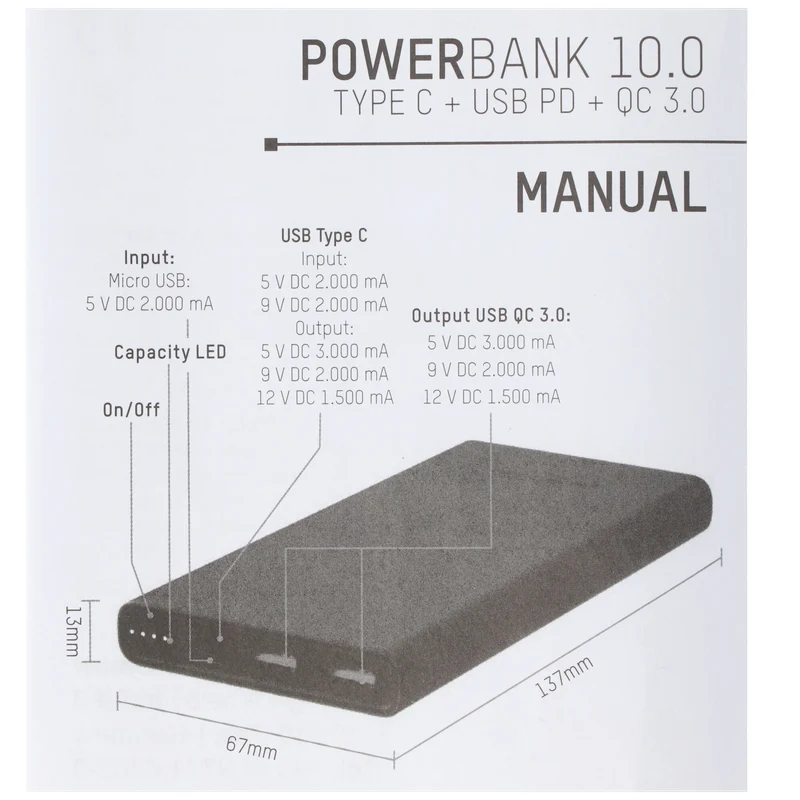 Xcell Li-Polymer Powerbank 10000mAh USB Type C und 2x QC3.0 18 Watt, max. 3A 137x67x14mm