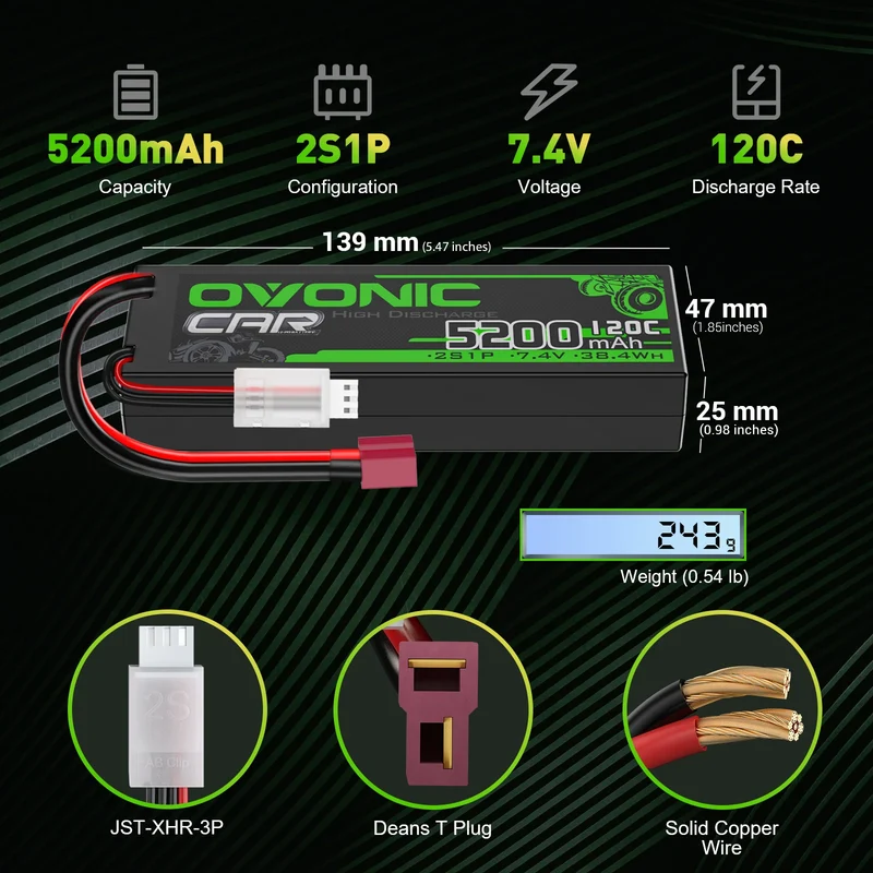 Ovonic Car 2S 120C 5200mAh 7,4V Hardcase RC LiPo-Akku mit Deans T-Stecker (2 St.)