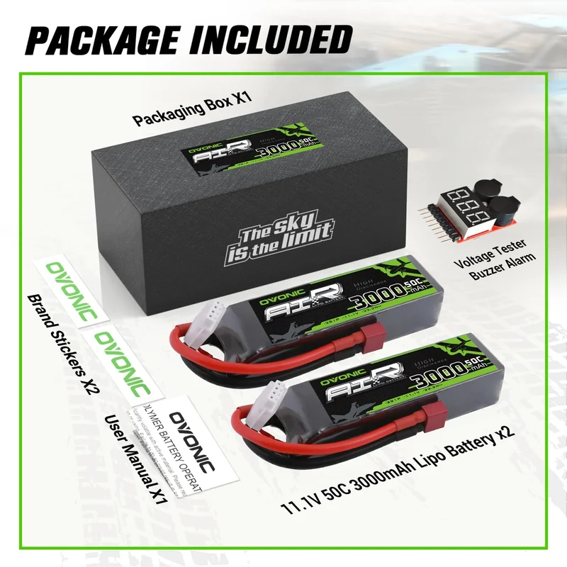Ovonic Air 3S Lipo-Akku 50C 3000mAh 11,1V mit Dean-Anschluss und Lipo-Spannungsprüfer (2 St.)