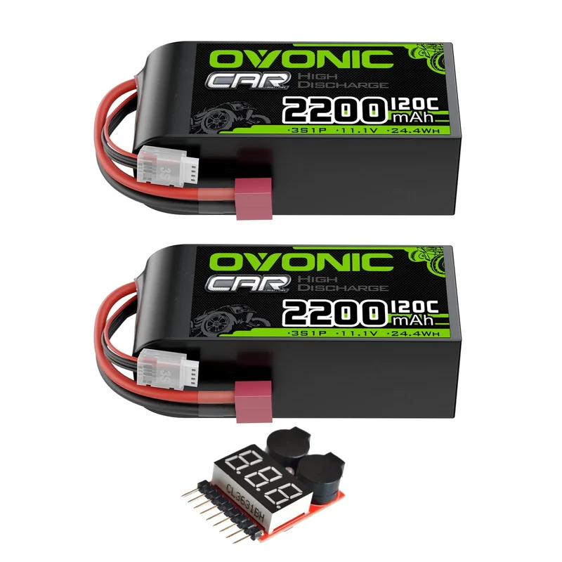 Ovonic Car 3S Short LiPo Akku 11,1V 2200mAh 120C mit Deans-T Stecker & Lipo Spannungsprüfer (2 St.)
