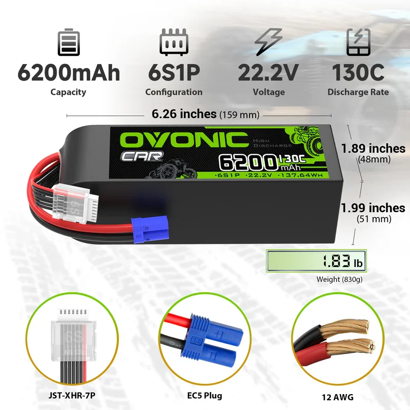 OVONIC 6S 6200mAh 22,2V 130C LiPo-Akku mit EC5-Stecker (2 St.)