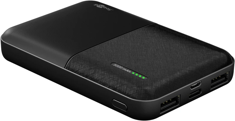 Goobay Powerbank Compact 5.000mAh, ultrakompakt und leicht, Anti-Rutsch Oberfläche, inkl. Ladekabel
