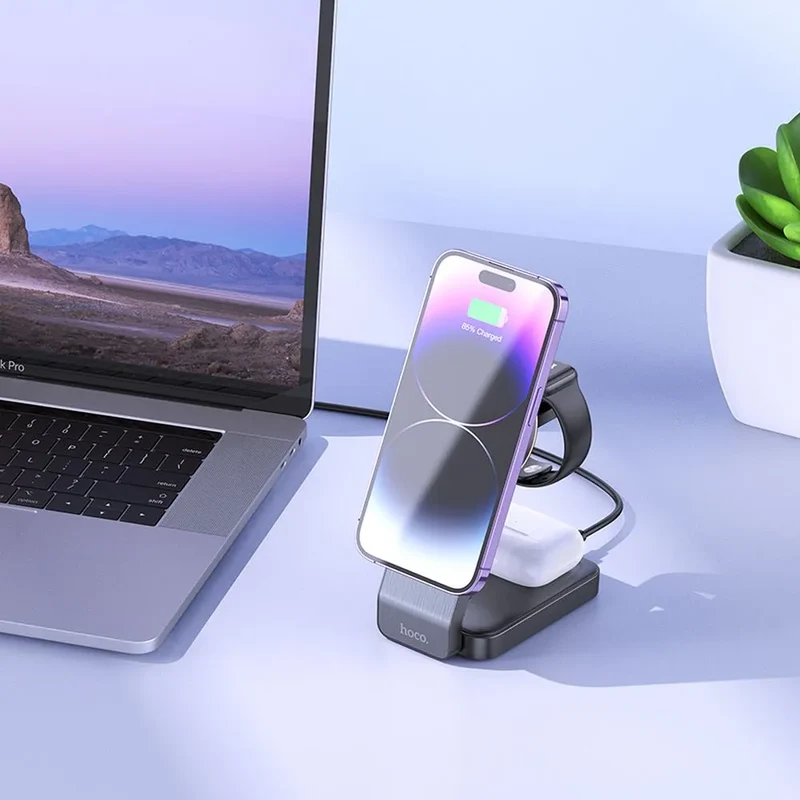 Hoco 3-in-1 Opvouwbare Draadloze Oplader met MagSafe – 15W – Zwart