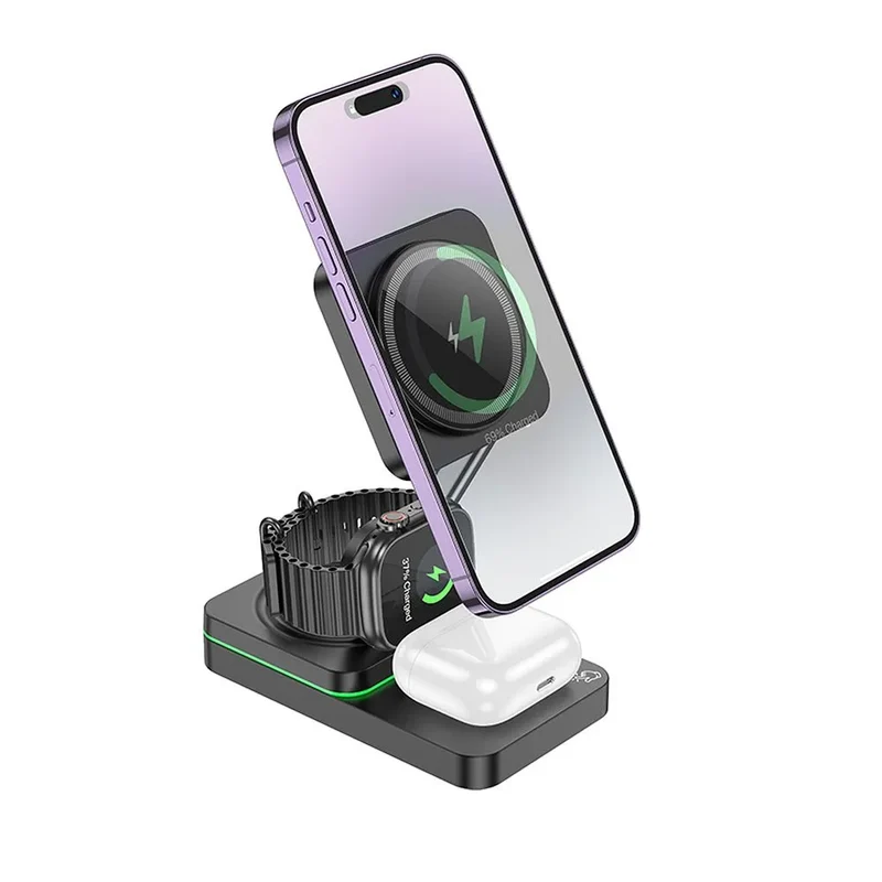 Hoco 3-in-1 Draadloze Oplader met MagSafe – 15W – Opvouwbaar – Zwart
