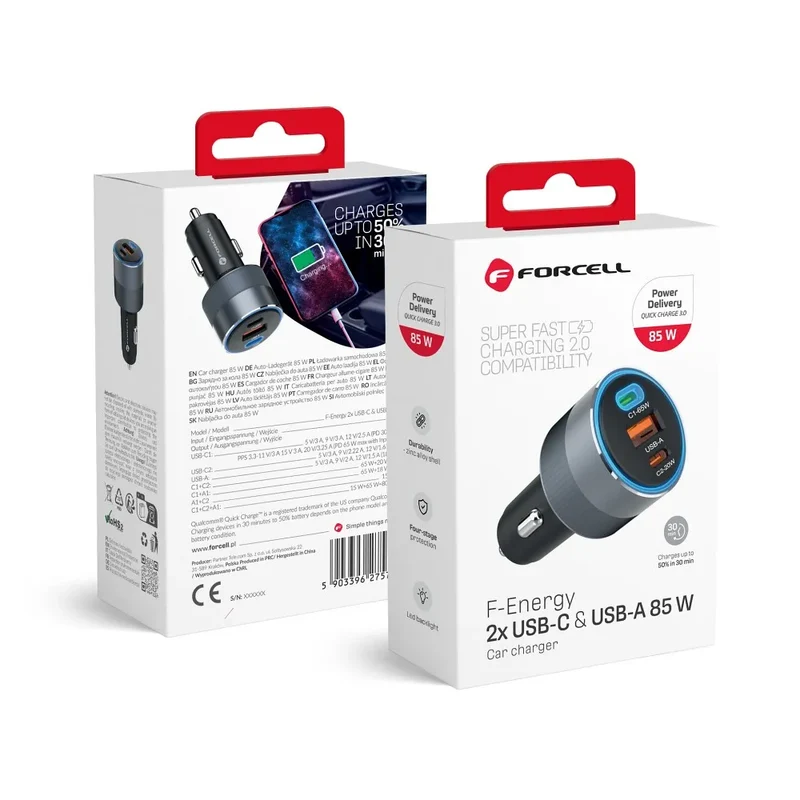 Forcell Autolader 2x USB-C + USB-A – 85W – Power Delivery & Quick Charge 4.0 – Grijs