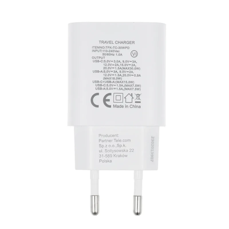 Forcell Oplader - Wall Charger – 30 Watt – USB-C & USB-A – Wit