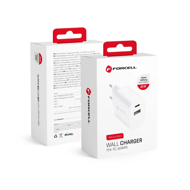 Forcell Oplader - Wall Charger – 30 Watt – USB-C & USB-A – Wit