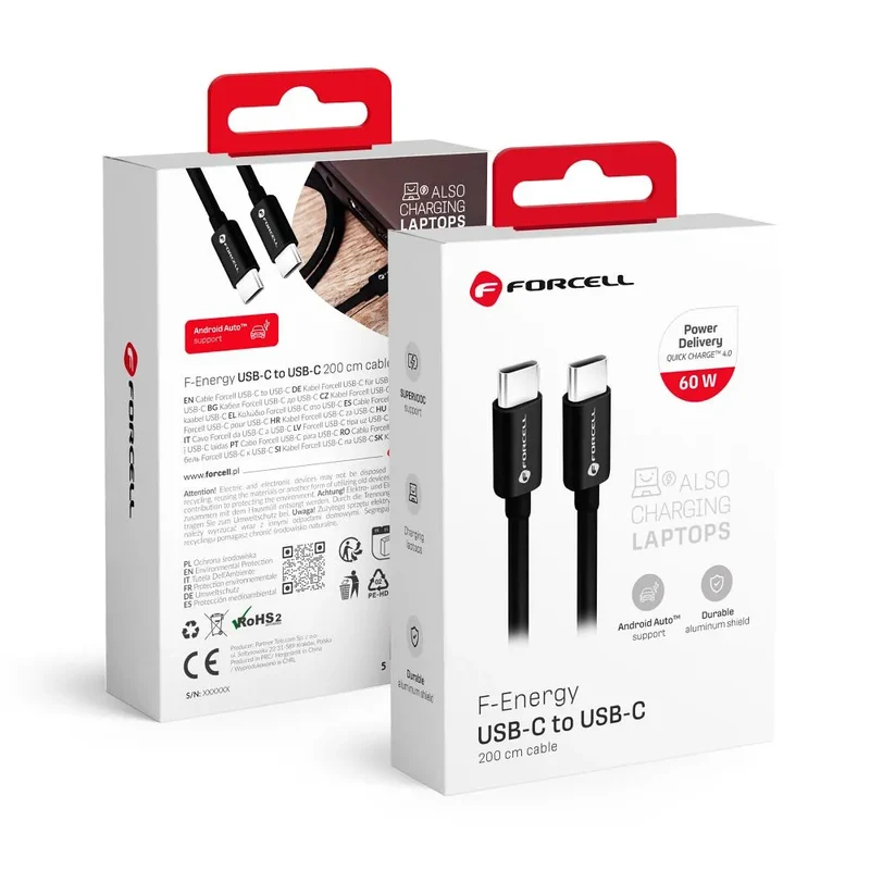Forcell USB-C naar USB-C Kabel 60W QC4.0/PD – 2 meter – Zwart