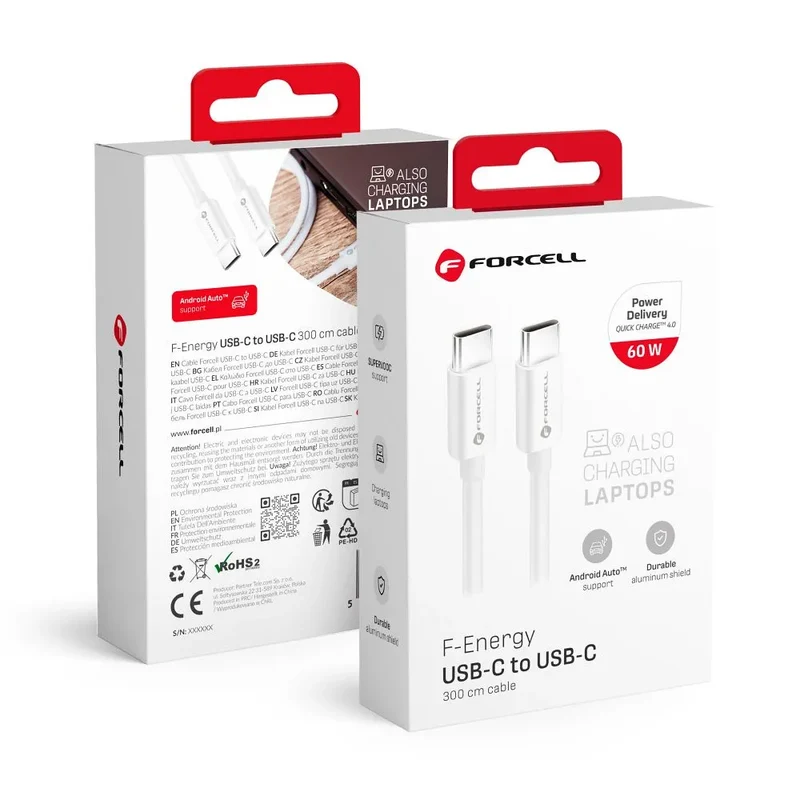 Forcell USB-C naar USB-C Kabel 60W QC4.0/PD – 3 meter – Wit