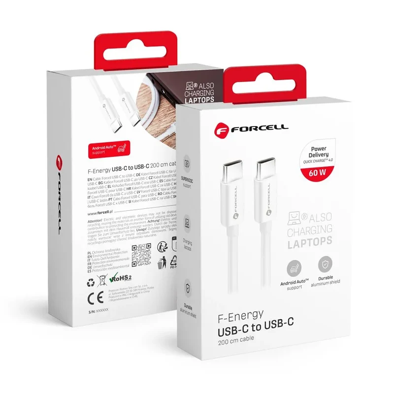 Forcell USB-C naar USB-C Kabel 60W QC4.0/PD – 2 meter – Wit