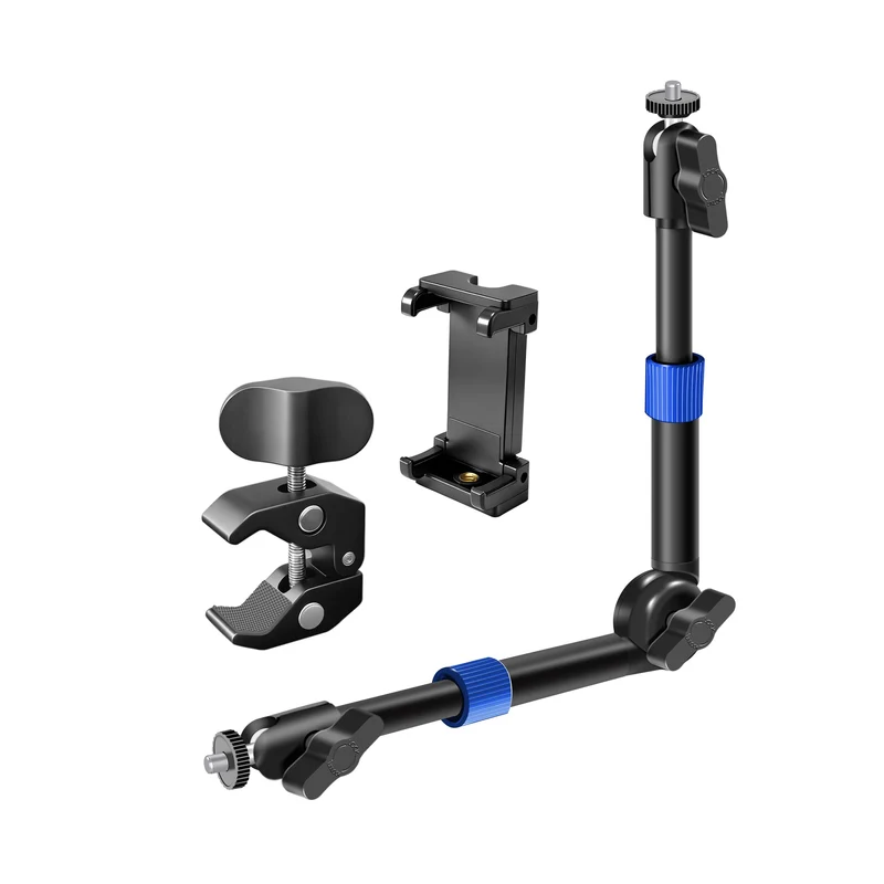 BZE Universal Retractable Magic Arm Clamp 11.815 Inch, Webcam Stand,1/4 & 3/8 Thread with Phone Mount, Adjustable Camera Arm
