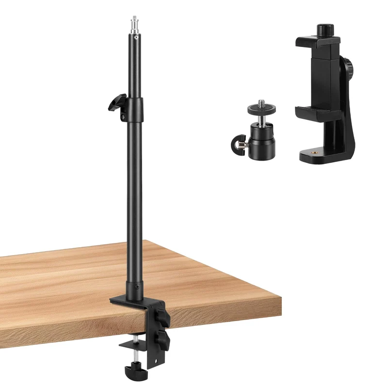 Aqirui Camera Desk Mount Stand with 1/4 Ball Head and Phone Holder Clip, Desktop Light Stand, 1423.6 Adjustable Light Stand,