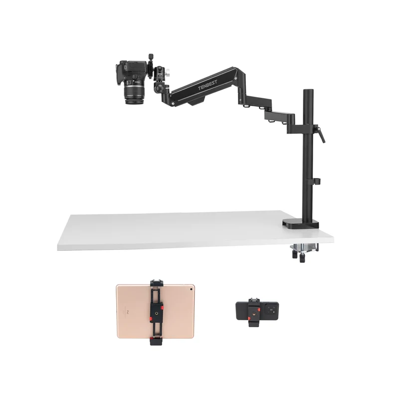 TENBEST Camera Desk Mount with Gas Spring Arm, Overhead Desk Clamp Stand