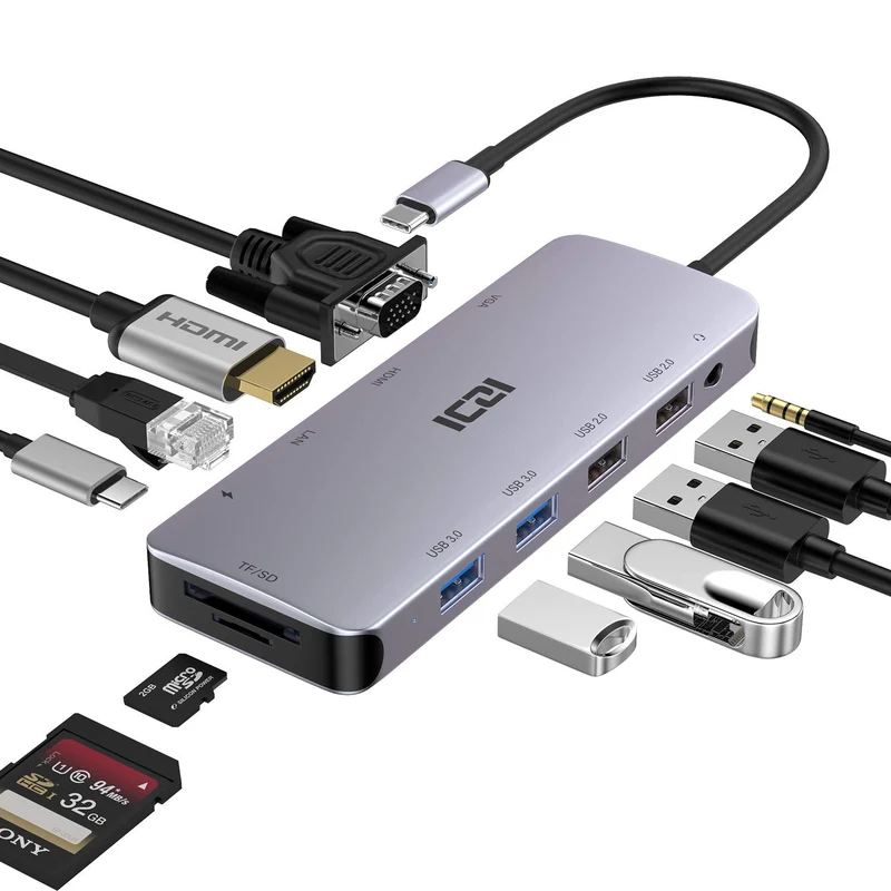 USB C Multiport Hub, ICZI 11 in 1 Type C Adapter with Ethernet Port, 4K HDMI, VGA, USB 3.0 Ports, 100W Power Delivery Charging,