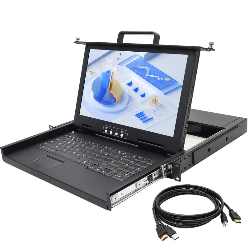 1U Rack Mount KVM Console 15.6 1080P Rackmount Monitor+ Single Port HDMI KVM + Keyboard+ Touchpad, Short Depth 14.17, Fits 19