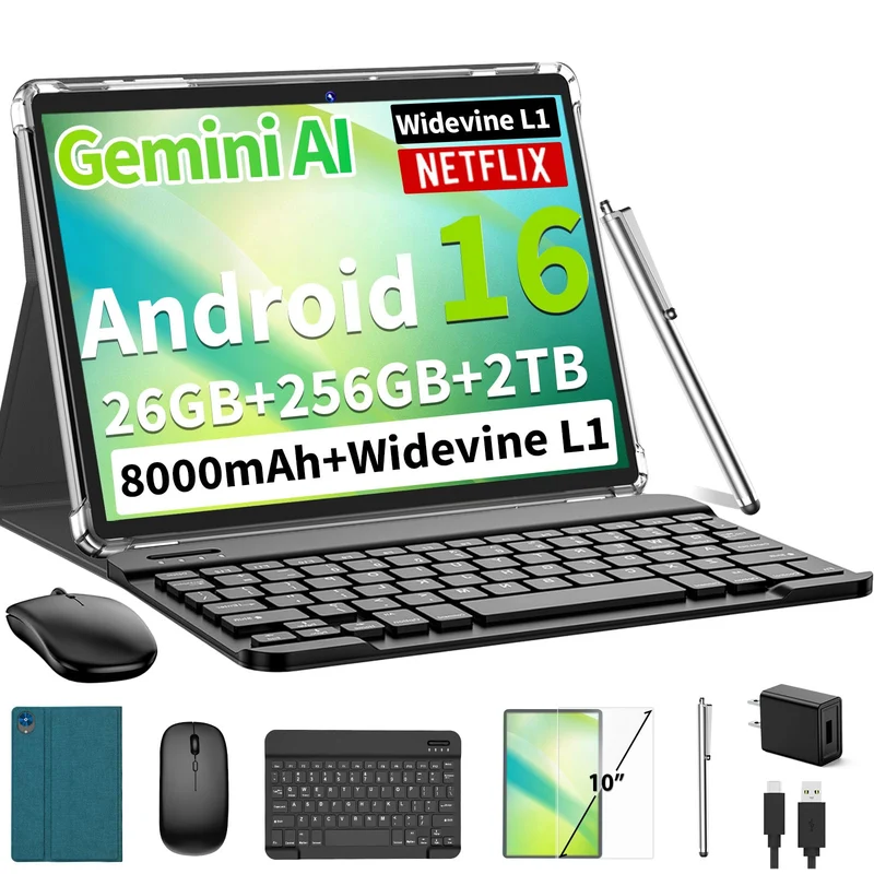 Android 16 Tablet with Keyboard 26GB+256GB+2TB, OctaCore(Green Case)
