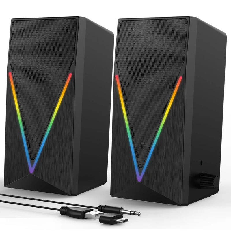 Computer Speakers, Desktop PC Speakers with 6 Colorful RGB Lights, Headphone Jack, Enhanced Bass and Volume Control, USB Powered
