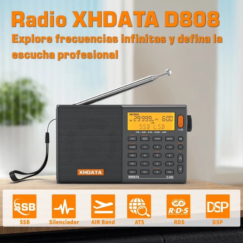 XHDATA D808 Portable Multiband Radio Receiver AM/FM/SW/MW SSB AIR RDS Stereo Sound Long Range Reception Rechargeable Battery