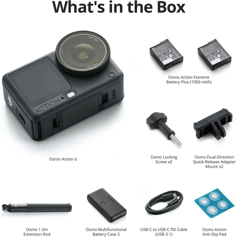 Open Box-DJI Osmo Action 4,Action 5,Action 6 Combo 8K Action Camera 1/1.1" Square Sensor Variable Aperture F/2.0-f/4.0 Rocksteady 3.0 Cold-Resistant 4hrs Battery 50GB Storage Vlogging Camera