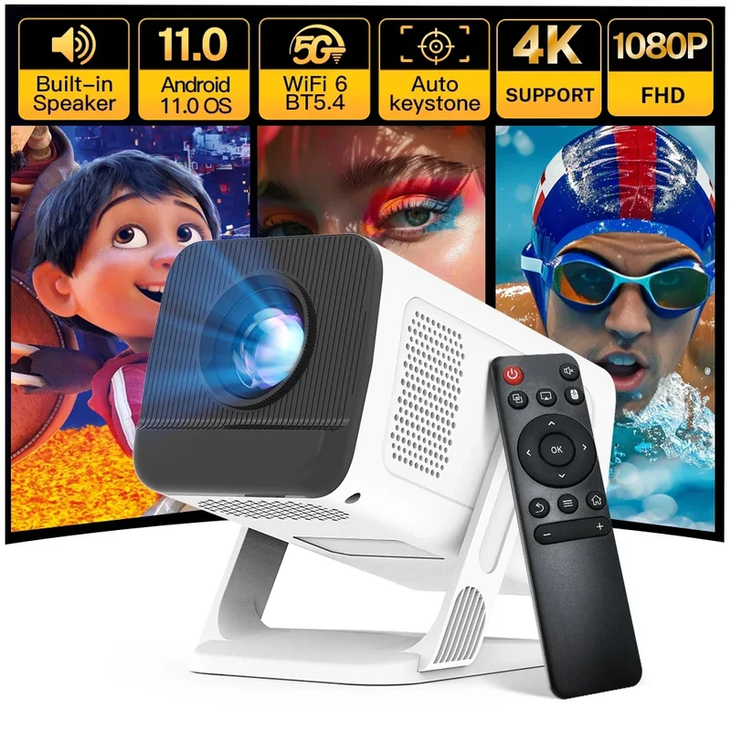 Smart Mini Projector 1080P 4K Support with WiFi 6 & BT 5.4 Built-in Apps Android TV Auto Keystone 180° Rotation Outdoor Beamer