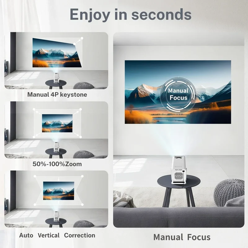 Smart Mini Projector 1080P 4K Support with WiFi 6 & BT 5.4 Built-in Apps Android TV Auto Keystone 180° Rotation Outdoor Beamer