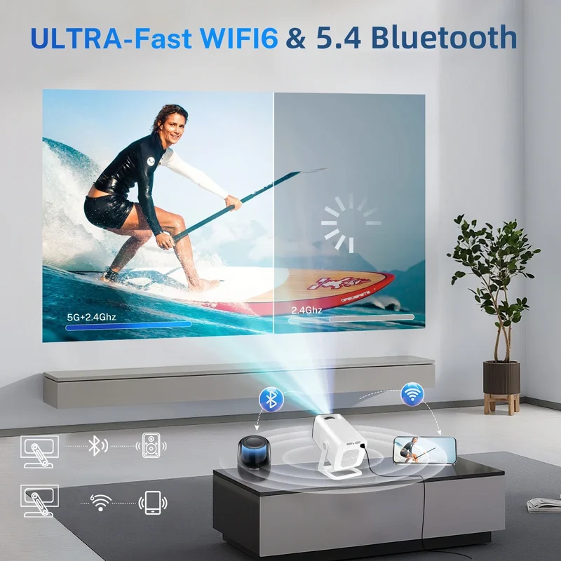 Smart Mini Projector 1080P 4K Support with WiFi 6 & BT 5.4 Built-in Apps Android TV Auto Keystone 180° Rotation Outdoor Beamer