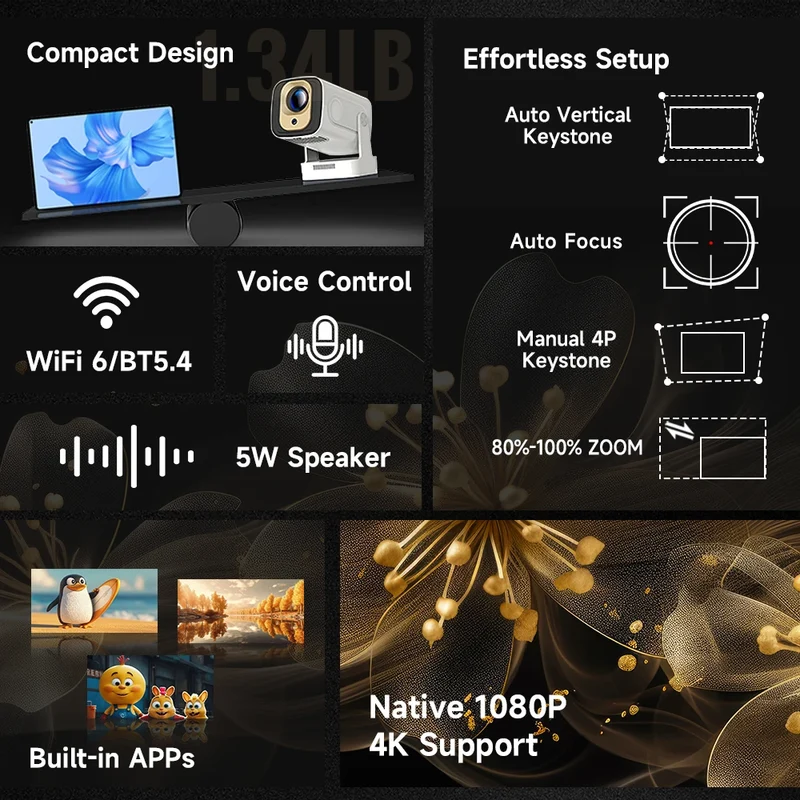 Magcubic HY310 Auto Focus Projector 1080P Native 4K 330ANSI Android 11 WiFi6 BT5.4 Mini Outdoor Movie Projector with Air Mouse