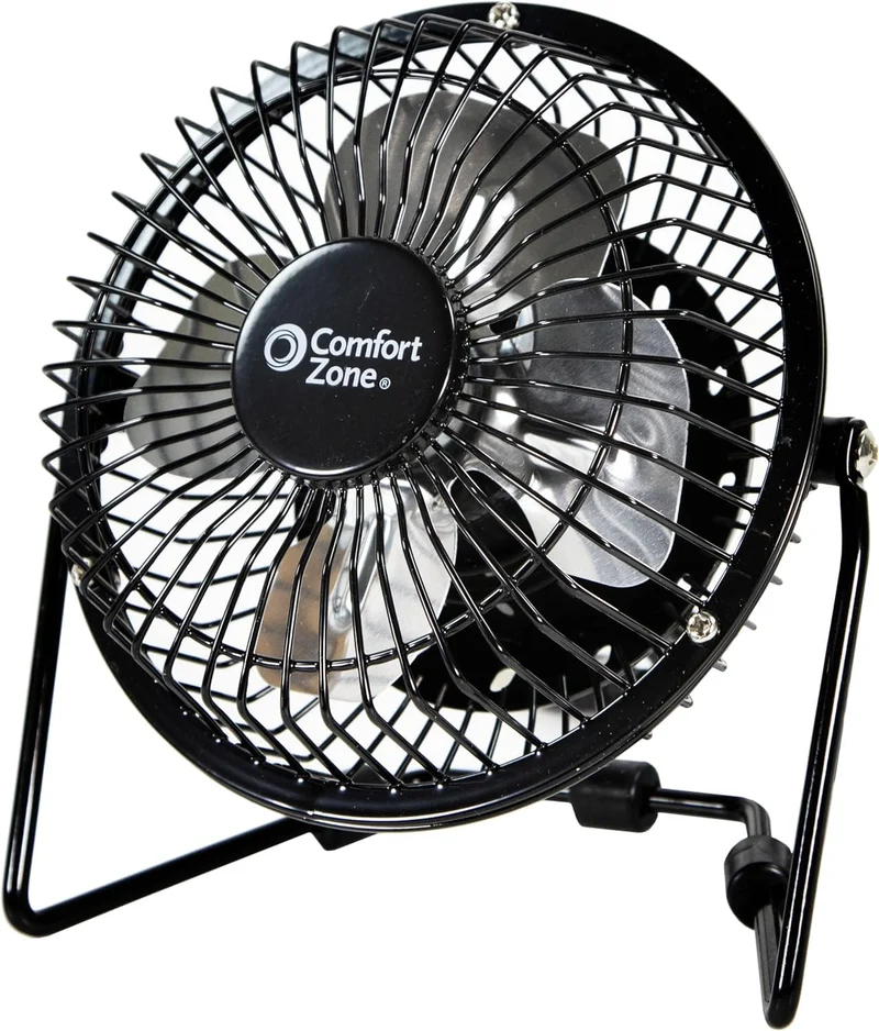 Comfort Zone Mini Portable Desk Fan with 360Degree Adjustable Tilt, Dual Powered (USB or Power Cord), 4 inch, AllMetal Constru