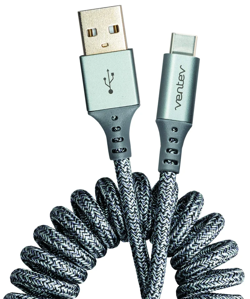 Ventev Chargesync Helix Cable 14 (Expandable) USB A to USB C, Cloth Covered, Braided Cable, Flexible Elastic Recoil Design, F