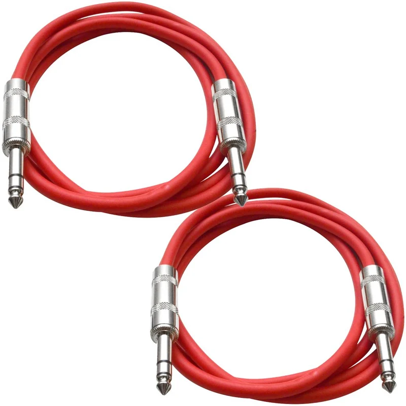 Seismic Audio Speakers TRS Male to TRS Male Patch Cable, 6 Foot Balanced Cord, Pack of 2, Red