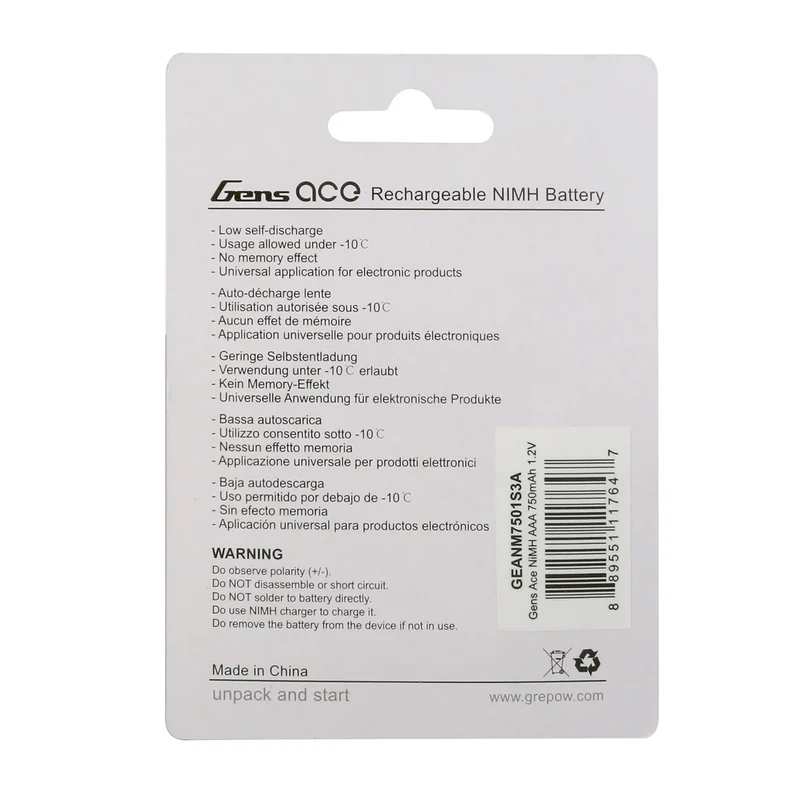 Gens Ace AAA NIMH 750mAh 1,2V Batterie (4 Stück) für Mini-Z