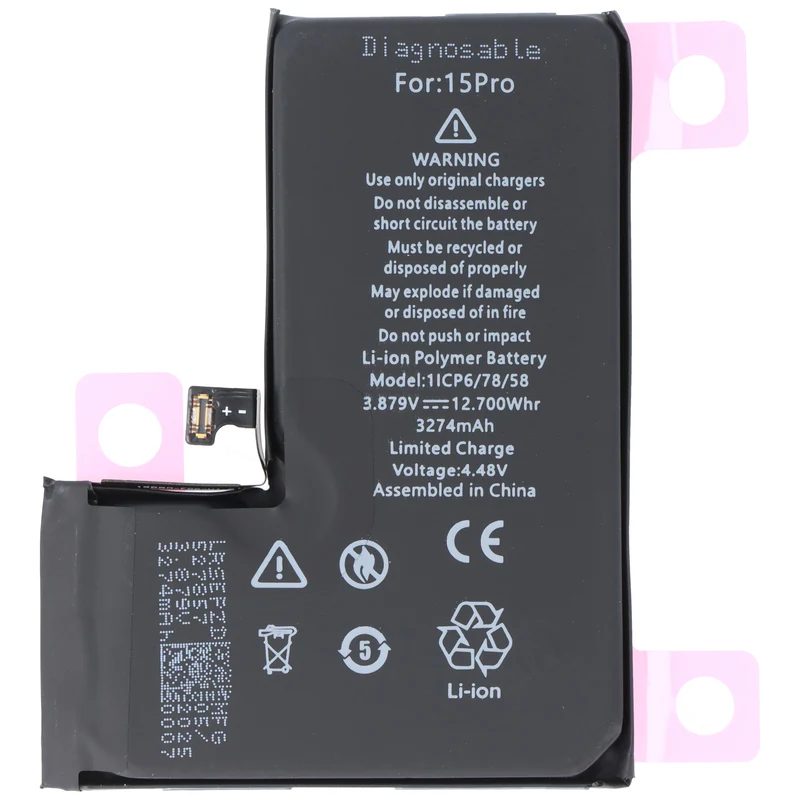 AccuCell Akku passend für Apple iPhone 15 Pro, diagnostizierbar, Li-Polymer, 3,87V, 3274mAh, 12,7Wh, ohne Werkzeug