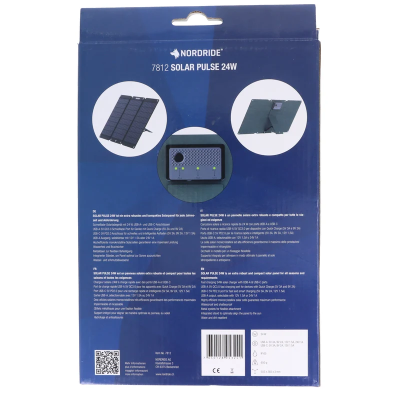 AccuCell Nordride Solarpanel, 7812 Solar Pulse, Schnelllade-Solarladegerät mit 24W, mit USB-A und USB-C-Anschlüssen, integrierter Ständer