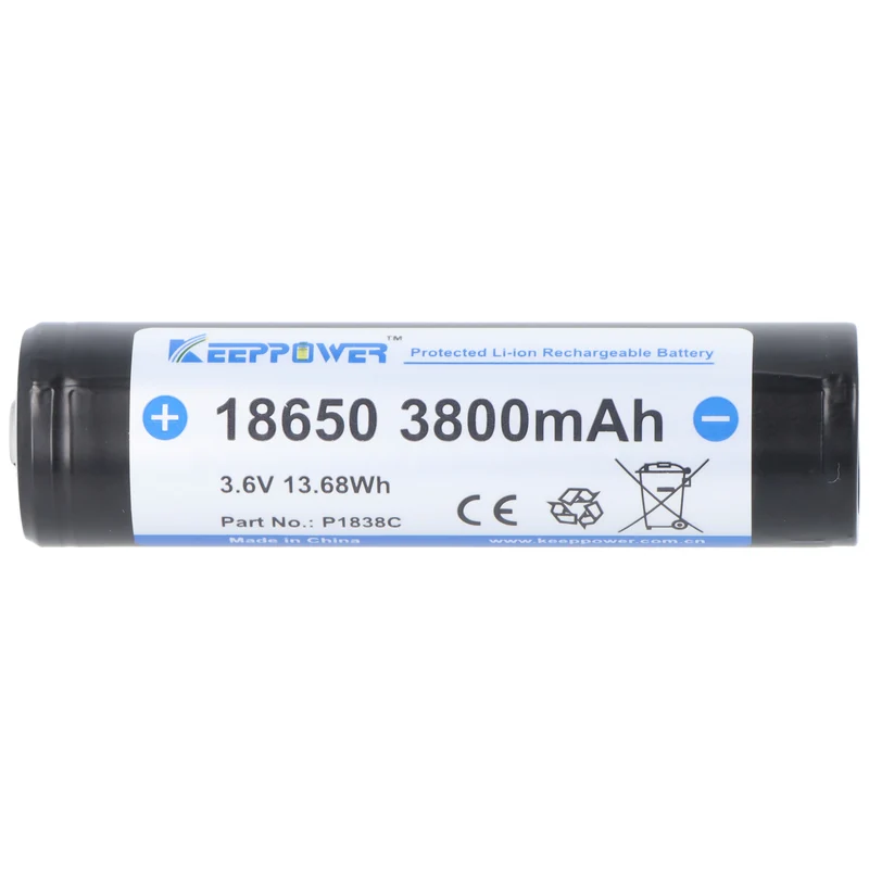 Keeppower Li-ion Akku 18650 3800mAh, 3.6V Li-Ion-Akku geschützt Pluspol erhöht 2er-Set inkl. Aufbewahrungsbox
