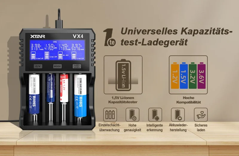 Xtar VX4 – Universelles Analyse Ladegerät für 1,5V; 3,6 - 3,7V Li-Ion; 3,2V LiFePO4 & 1,2V Ni-MH Akkus