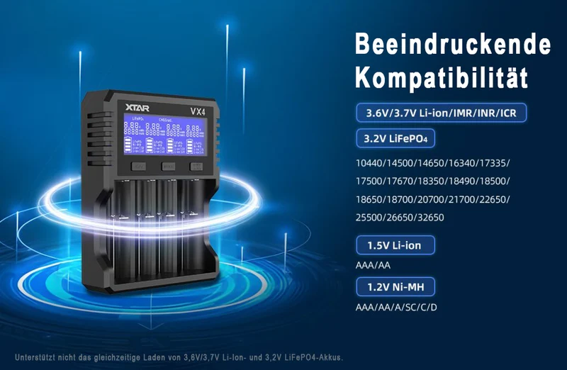 Xtar VX4 – Universelles Analyse Ladegerät für 1,5V; 3,6 - 3,7V Li-Ion; 3,2V LiFePO4 & 1,2V Ni-MH Akkus