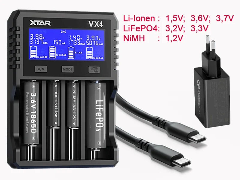 Xtar VX4 – Universelles Analyse Ladegerät für 1,5V; 3,6 - 3,7V Li-Ion; 3,2V LiFePO4 & 1,2V Ni-MH Akkus