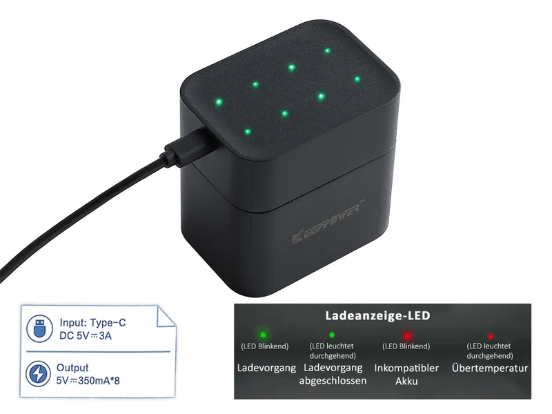 Keeppower I8 Ladegerät mit 8× 1,5V AA Li-Ion-Akkus – USB-C Eingang