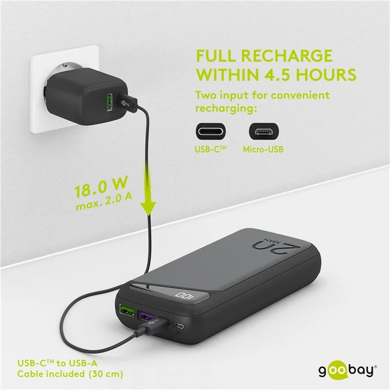 Goobay Schnelllade-Powerbank 20.000 mAh (USB-C™ PD, QC 3.0) - Leistungsstarke Powerbank mit Statusanzeige, Quick Charge-kompatibel